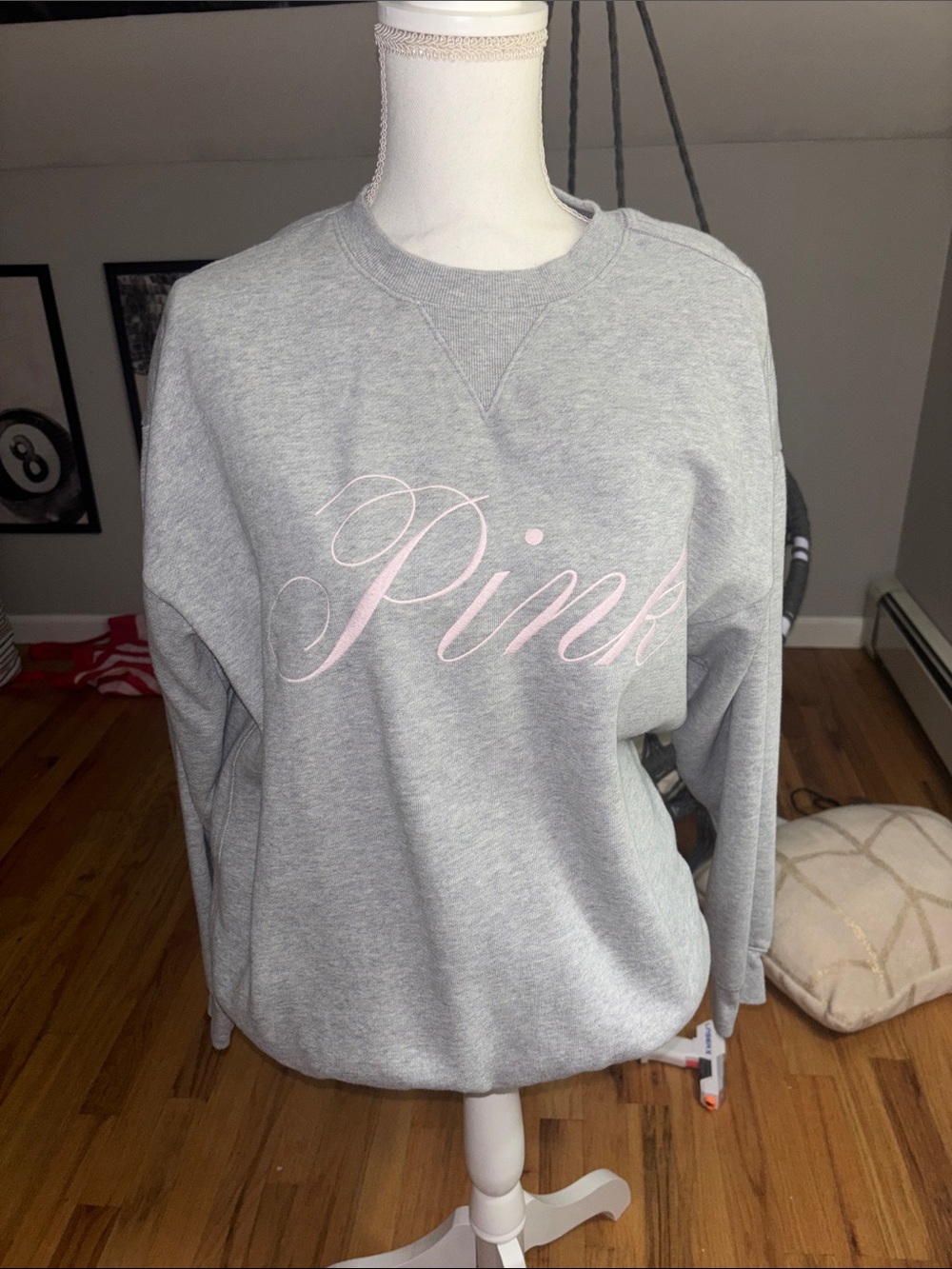 PINK Victoria's Secret Gray Sweatshirt with Pink Script Logo